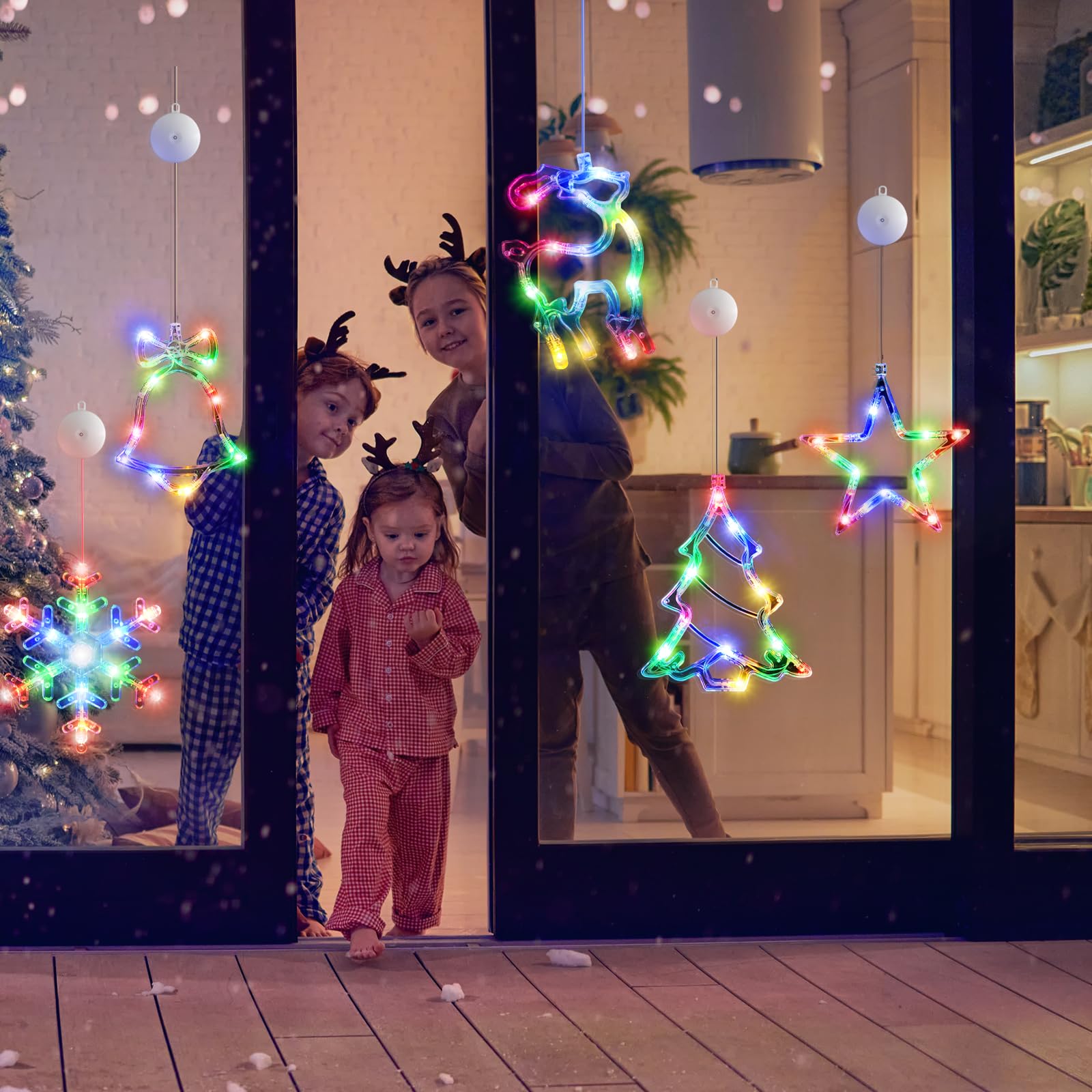 LYUBASA 5Pack Christmas Window Lights Decorations with Timer,Battery Powered Christmas Hanging Multicolor Lighted Snowflake Tree