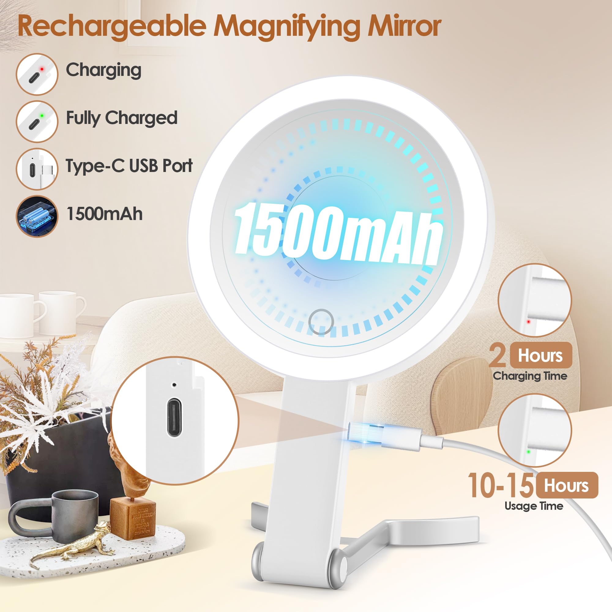 MIYADIVA 30X/1X Lighted Magnifying Mirror - Foldable, Dimmable Touch Screen, White, 10"L x 6"W, Travel Makeup Mirror