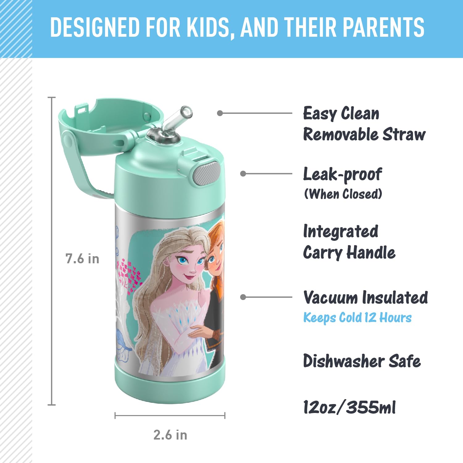 THERMOS FUNTAINER Water Bottle - 12 Ounce Stainless Steel Insulated Bottle with Straw, Frozen 2 Design
