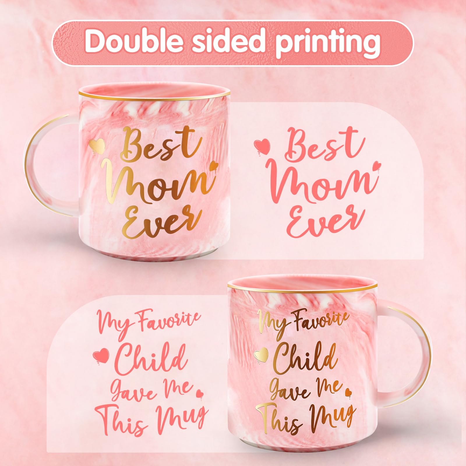12 oz Best Mom Ever Mug Gifts for Mom, Funny Double Printed Pink Marble Pattern Mug Ceramic Coffee Cup Beverage Container, Mothe