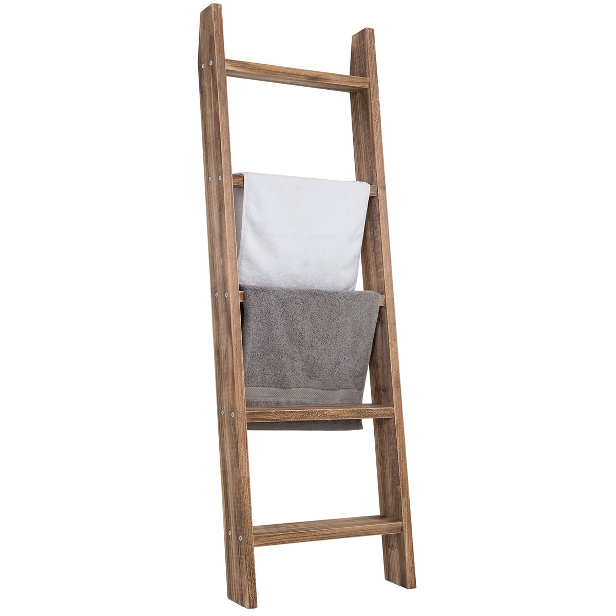 Mygift 4Ft Tall Rustic Burnt Natural Wood Wall Leaning Blanket Ladder Shelf With 5 Rungs, Decorative Living Room Throw And Quilt