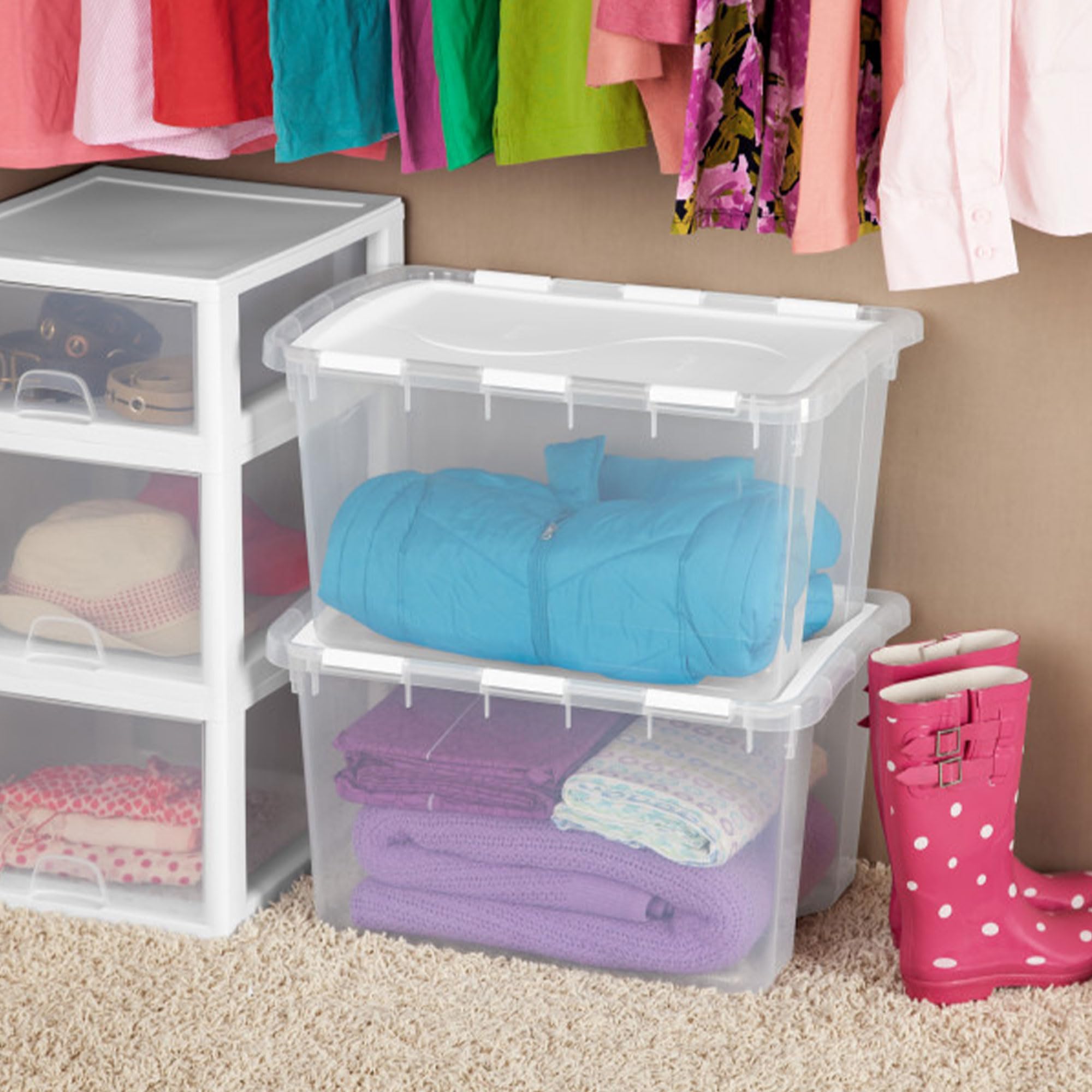 Sterilite 48 Qt Hinged Lid Storage Box, Stackable Bin With Lid, Plastic Container To Organize Home, Office, Basement, Clear With