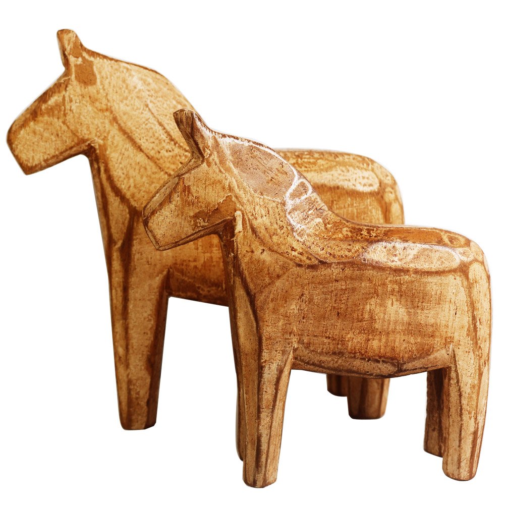 KiaoTime Set of 2 Neutral Painting Dala Horse - Swedish Dala Horse Statue - Vintage Unfinished Wooden Horse Figurine Statue Hors