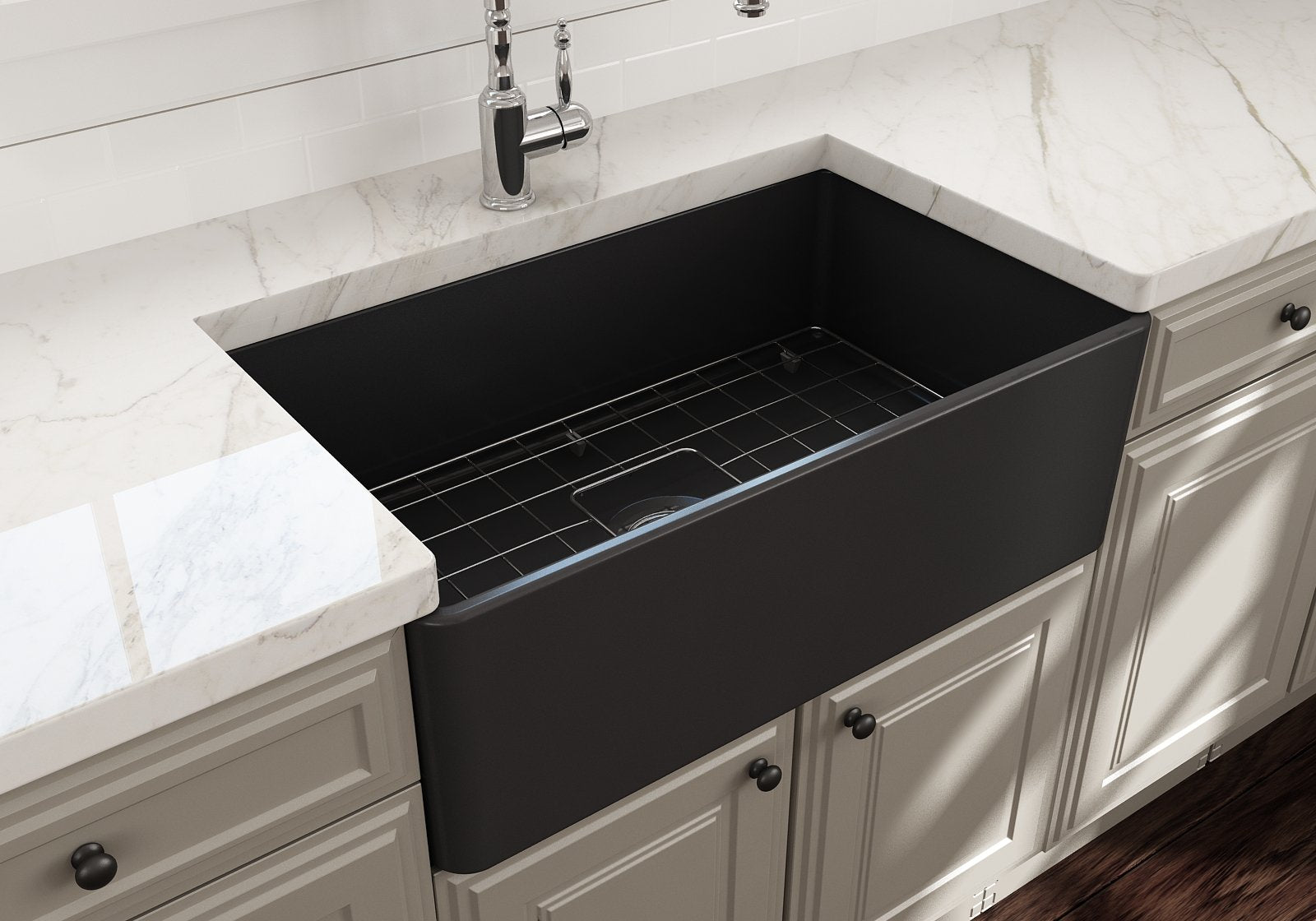 Bocchi Classico Farmhouse Apron Front Fireclay 30 In. Single Bowl Kitchen Sink With Protective Bottom Grid And Strainer In M.Dar