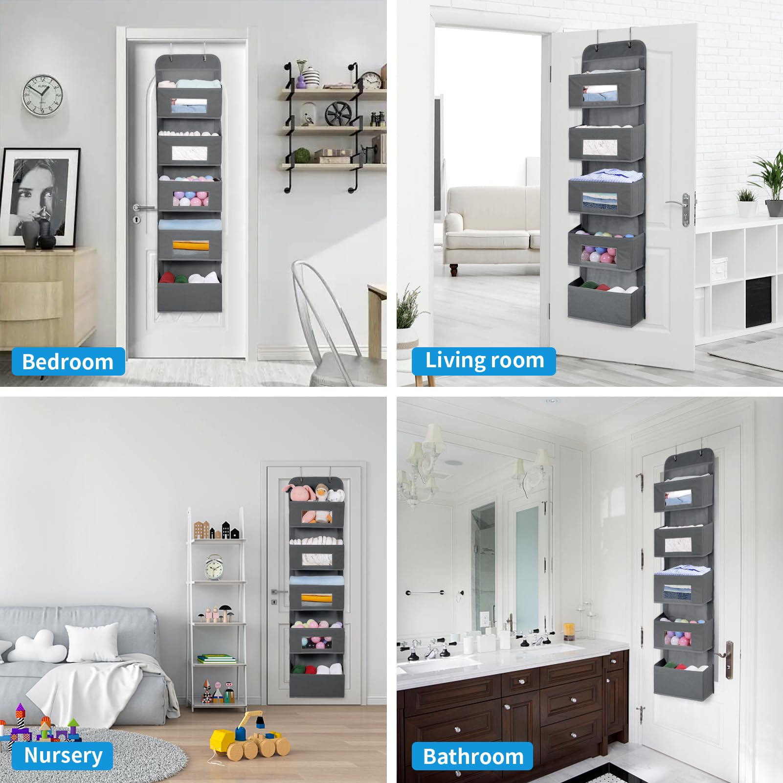 5-Shelf Over The Door Hanging Organizer With 2 Metal Hooks,5 Pocket Over The Door Wall Mount Storage With Clear Windows For Baby