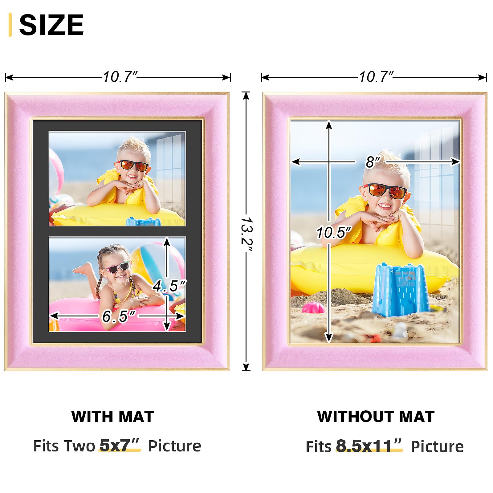 KSROECUD 8.5x11 Velvet Picture Frame with 2 Openings 5x7 Pictures, HD Real Glass Pink Velvet Photo Frame with Black White Border