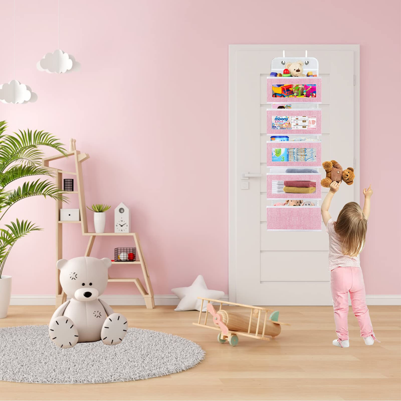 homyfort Over The Door Organizer  Hanging Baby Diaper Organizer for Nursery  Pink Wall Storage Organizer with 5 Large Pockets for Girls Room Pantry Dorm Bathroom Closet