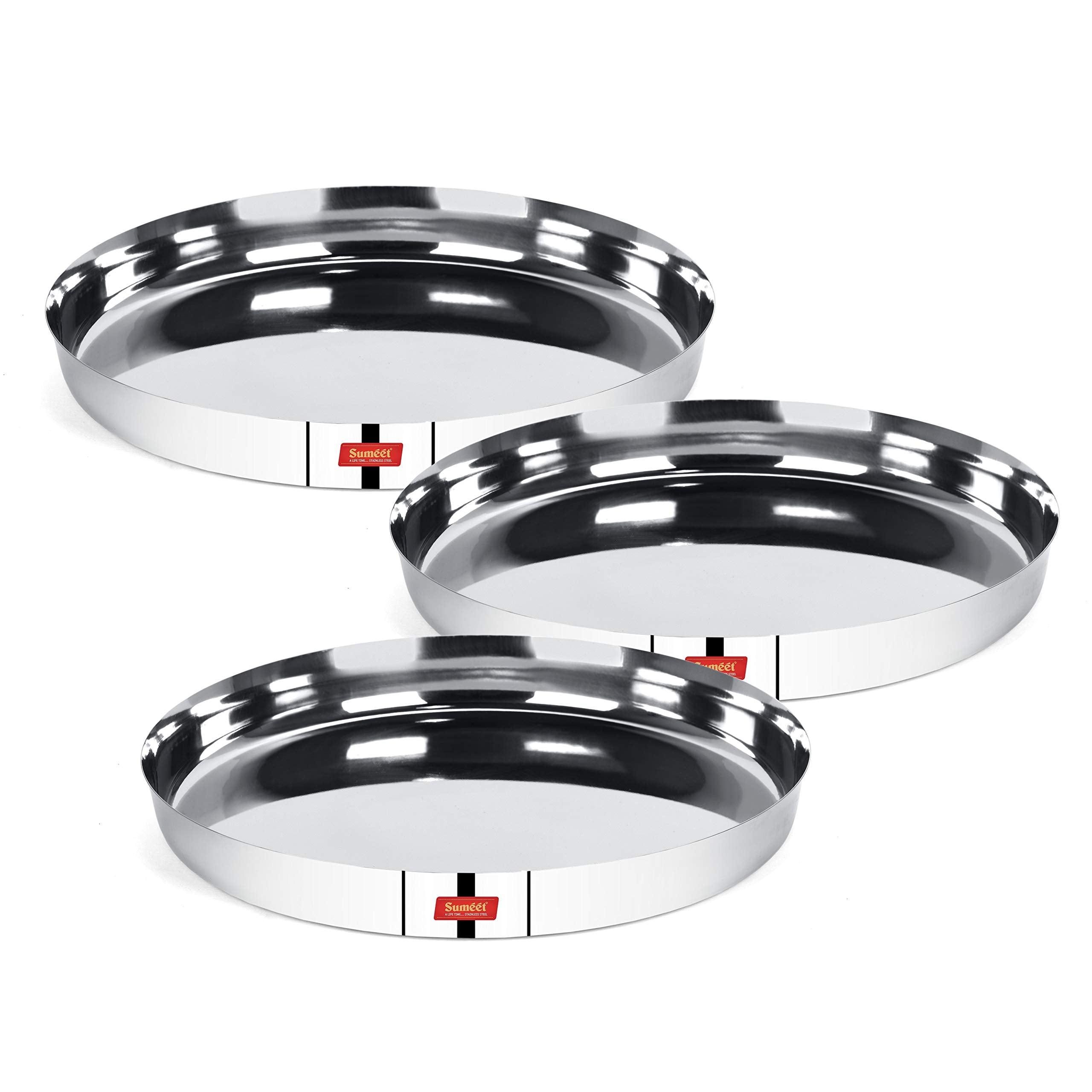 Sumeet 22 Gauge Stainless Steel Traditional Dinner Plate/Thali 25.8Cm (1.5Ltr) - Set of 3pc