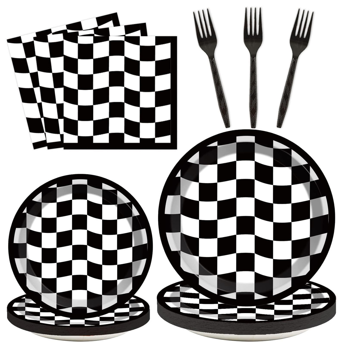 96 Pieces Black And White Checkered Tableware Set For Race Sports Themed Table Supplies Decorations Racing Car Dessert Plates Ra