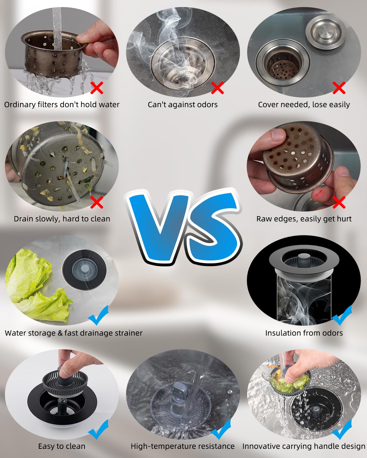 Hibbent Upgraded 3 In 1 Kitchen Sink Drain Strainer And Stopper Combo, Stainless Steel Metal Pop Up Sink Stopper, 3 Anti-Cloggin