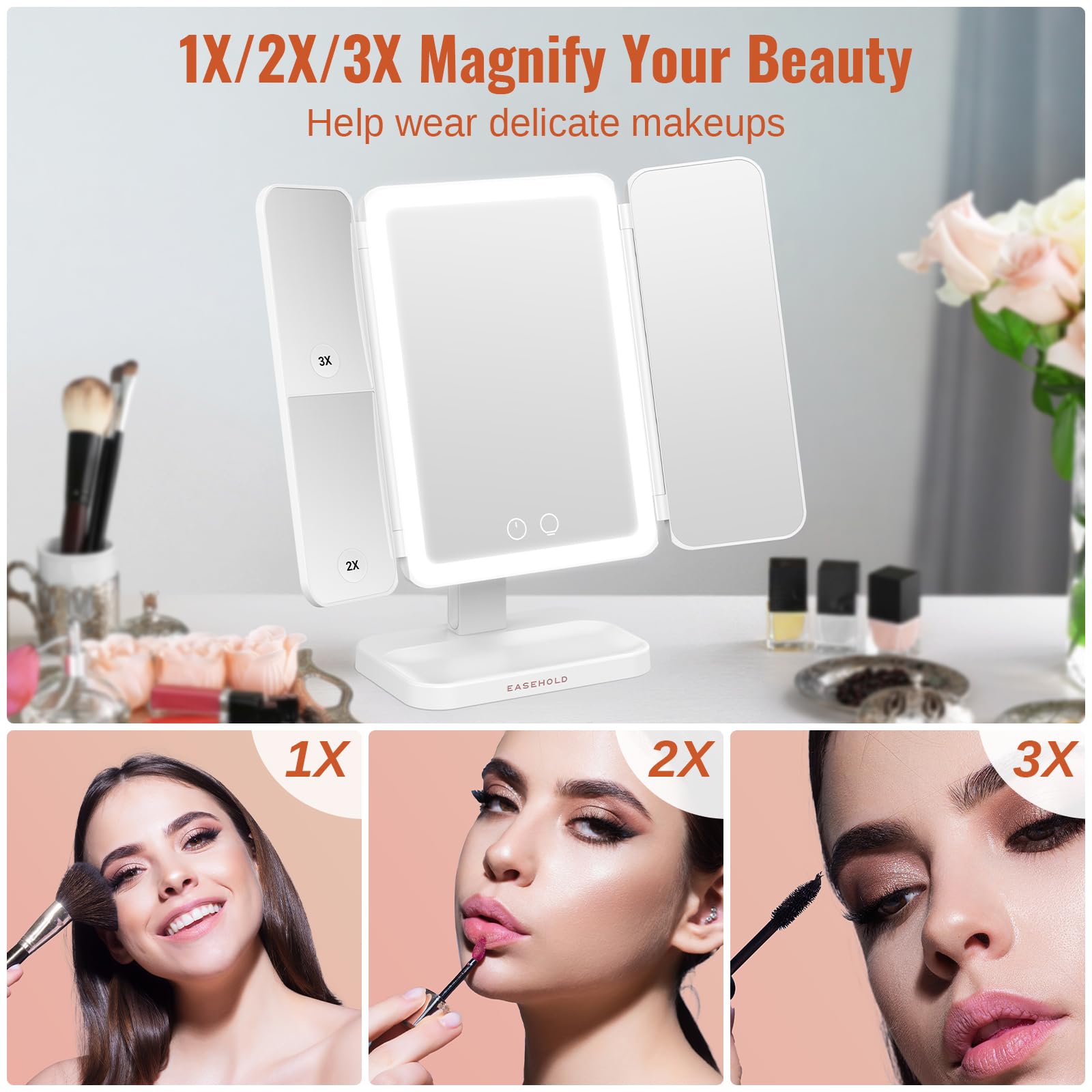 EASEHOLD Lighted Makeup Mirror - 3X Magnification, 3 Color Lights, Rechargeable Trifold Vanity Mirror, 14"L x 11.4"W, A-white, Model