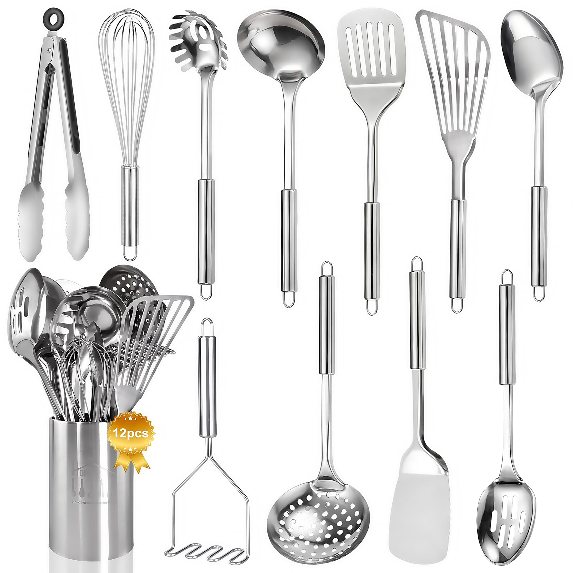 Stainless Steel Kitchen Utensils Set - 12pcs Cooking Utensils Set with Holder, Heat Resistant Kitchen Tool Set for Cooking with 