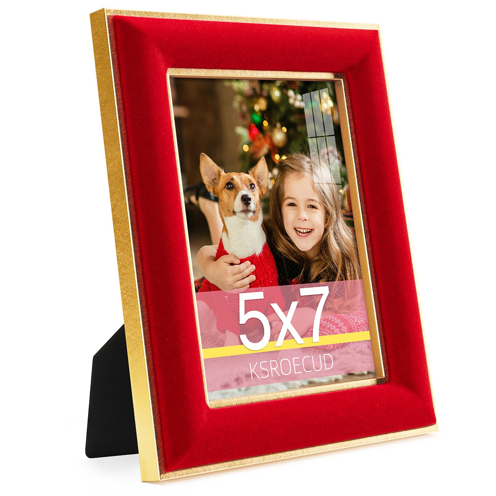 KSROECUD 5x7 Velvet Picture Frame, Red Velvet Photo Frames with Vintage Gold Border, HD Real Glass Horizontal & Vertical Display