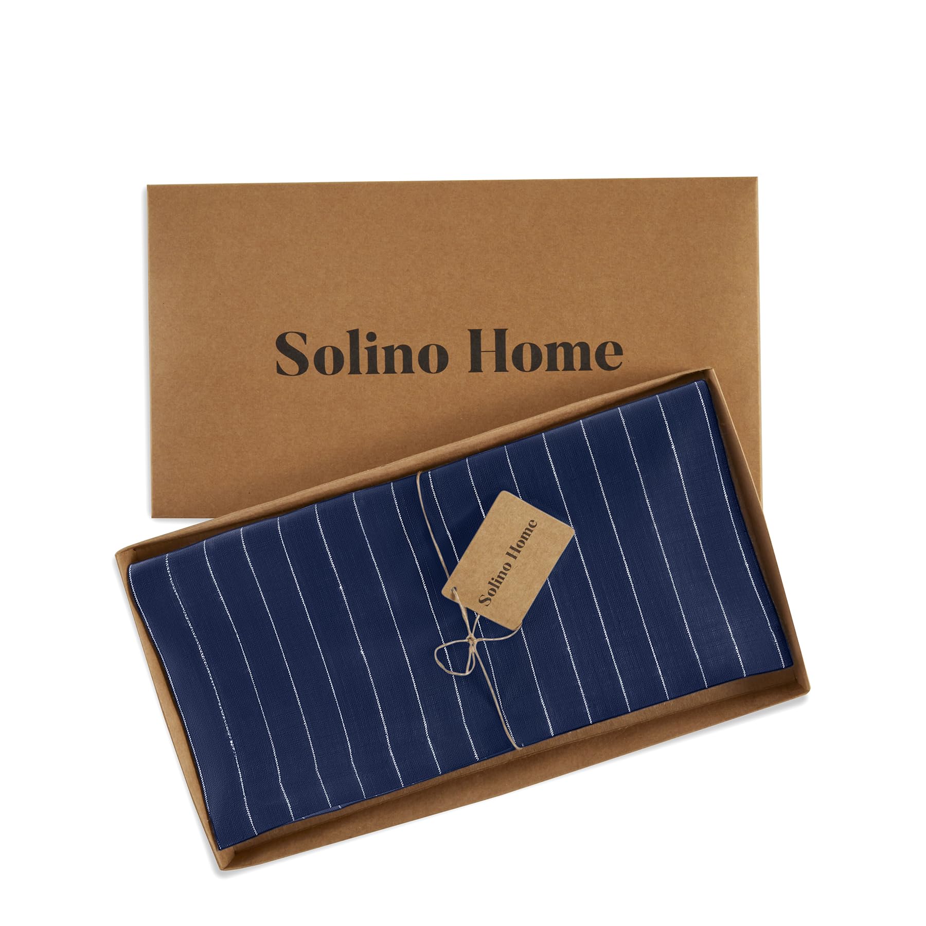 Solino Home Pinstripe Linen Tablecloth 52 X 52 Inch - 100% Pure Linen Navy And White Table Throw For Spring, Easter - Handcrafte