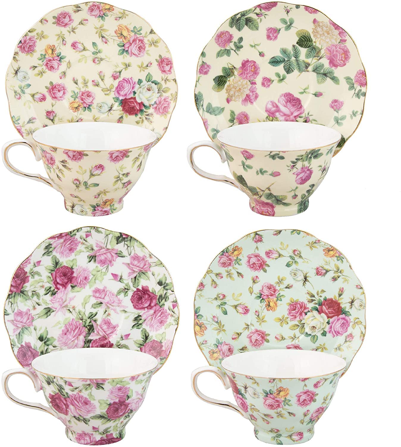 Gracie China By Coastline Imports Rose Chintz 8-Ounce Porcelain Tea Cup And Saucer, Set Of 4