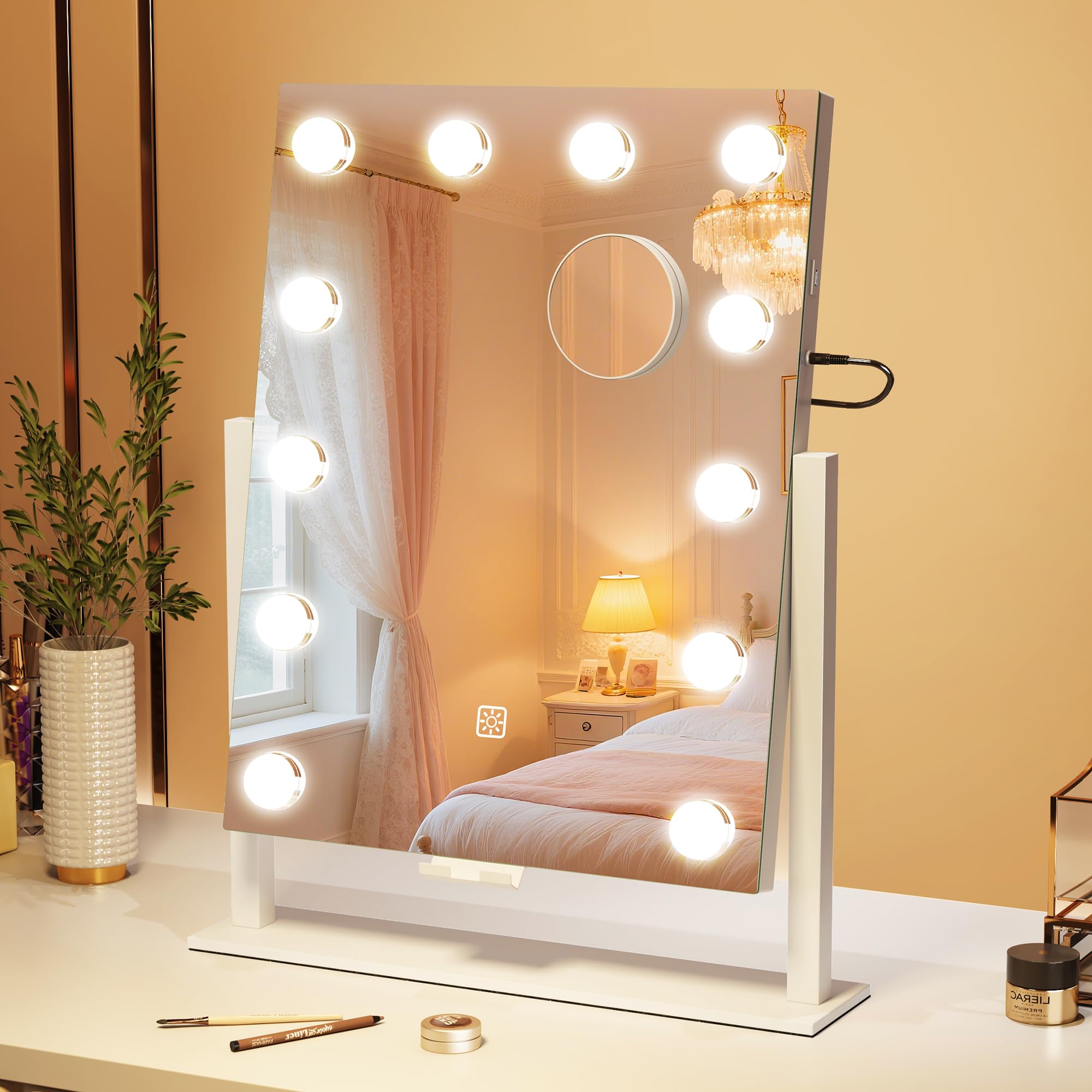 S'Bagno Vanity Mirror With Lights, 12 Dimmable Led Bulbs, Detachable 10X Magnifying Mirror, Touch Control, Usb Rechargeable, Tab