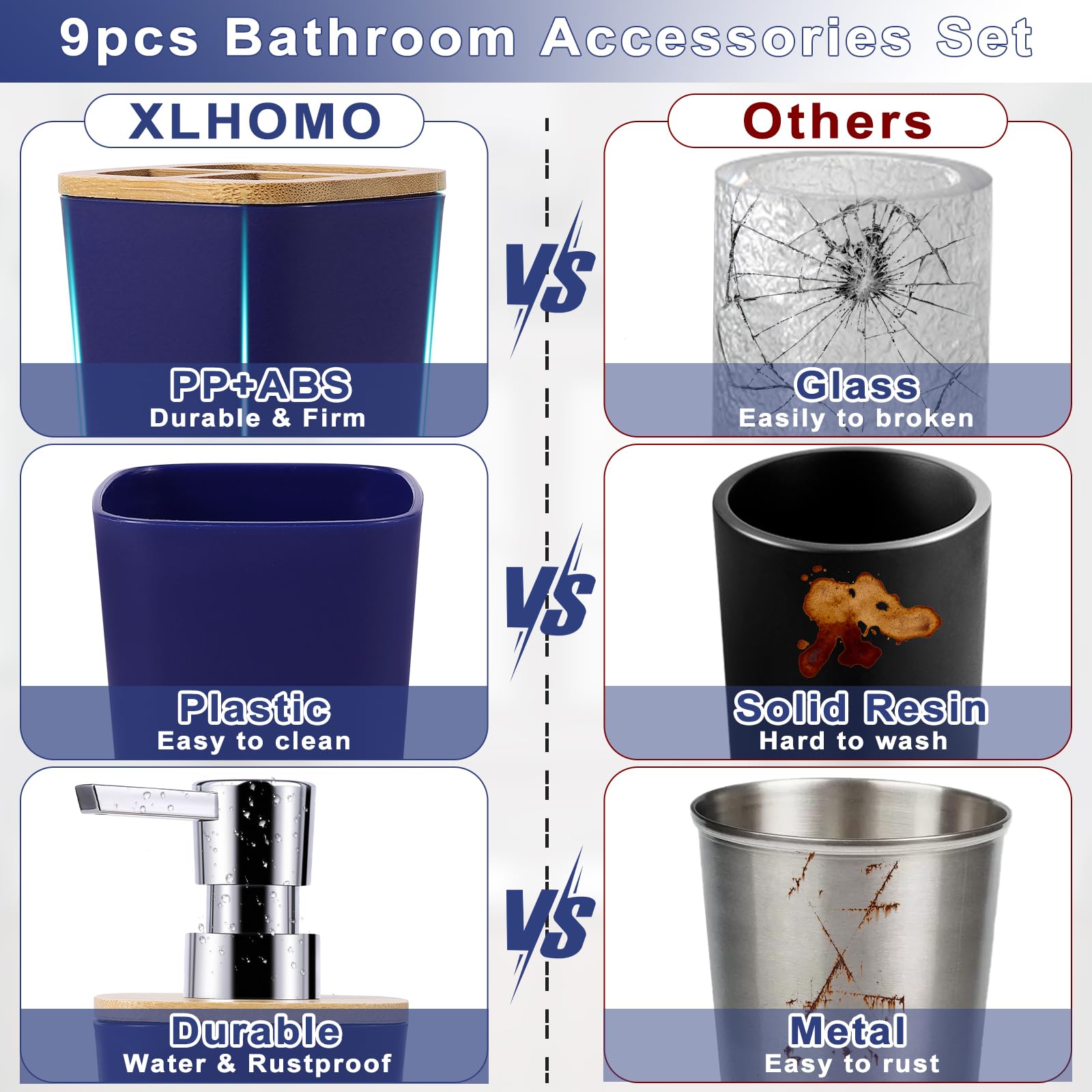 Bathroom Accessories Set, 9 Piece Navy Blue Bathroom Accessory Set With Trash Can,Toothbrush Holder,Toothbrush Cup,Lotion Soap D