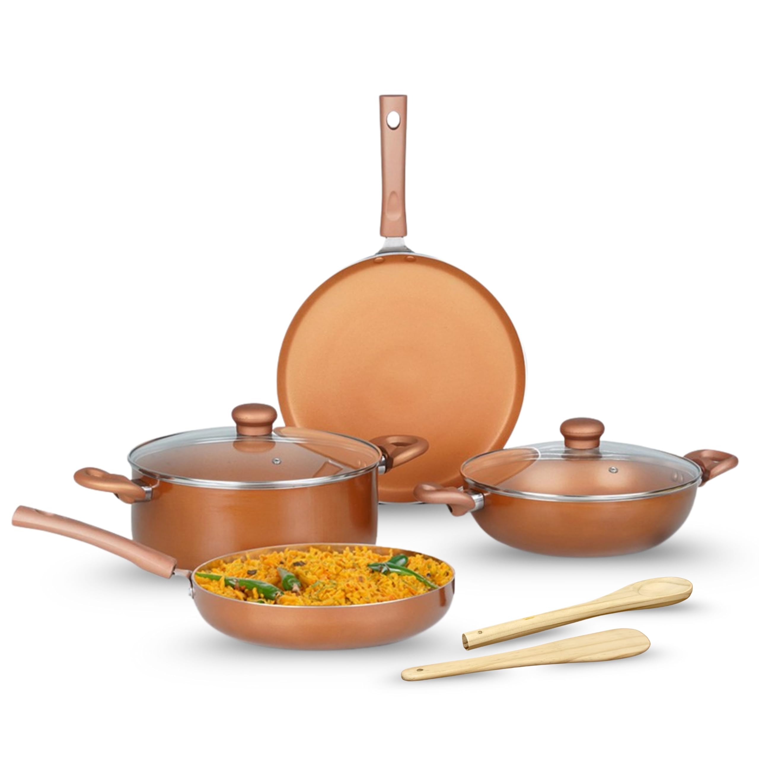 Kreme Sonet NonStick Cookware Sets 8Pcs | Silk Finish | Gas And Induction Compatible | Pfoa Free | High Temperature Resistant E