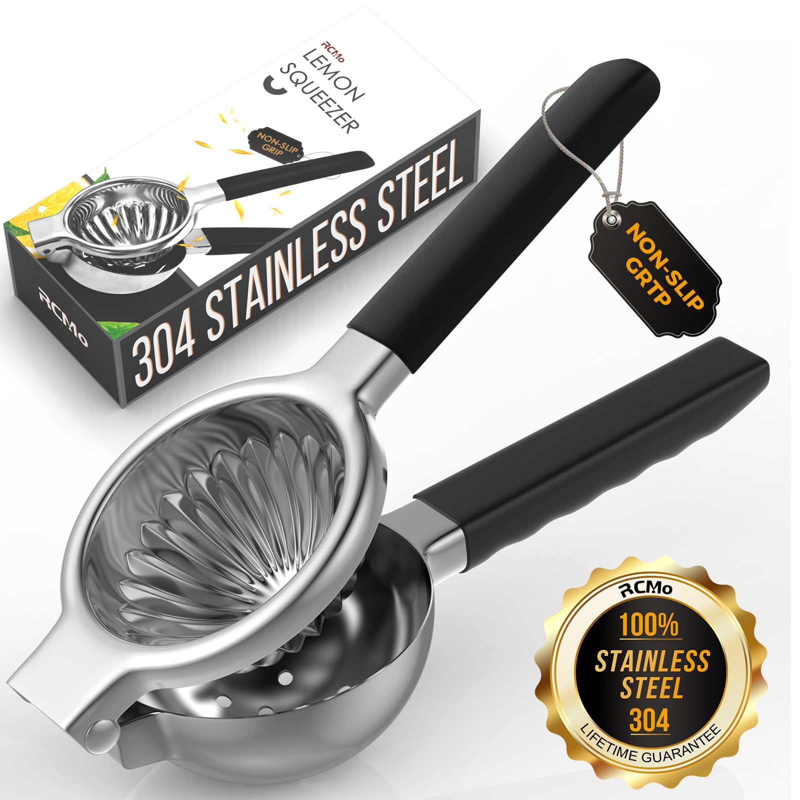 RCMo Stainless Steel Lemon Squeezer - Metal Citrus Juicer - Lime Lemon and Fruit Juicer with Silicone Handles - Large Manual Cit