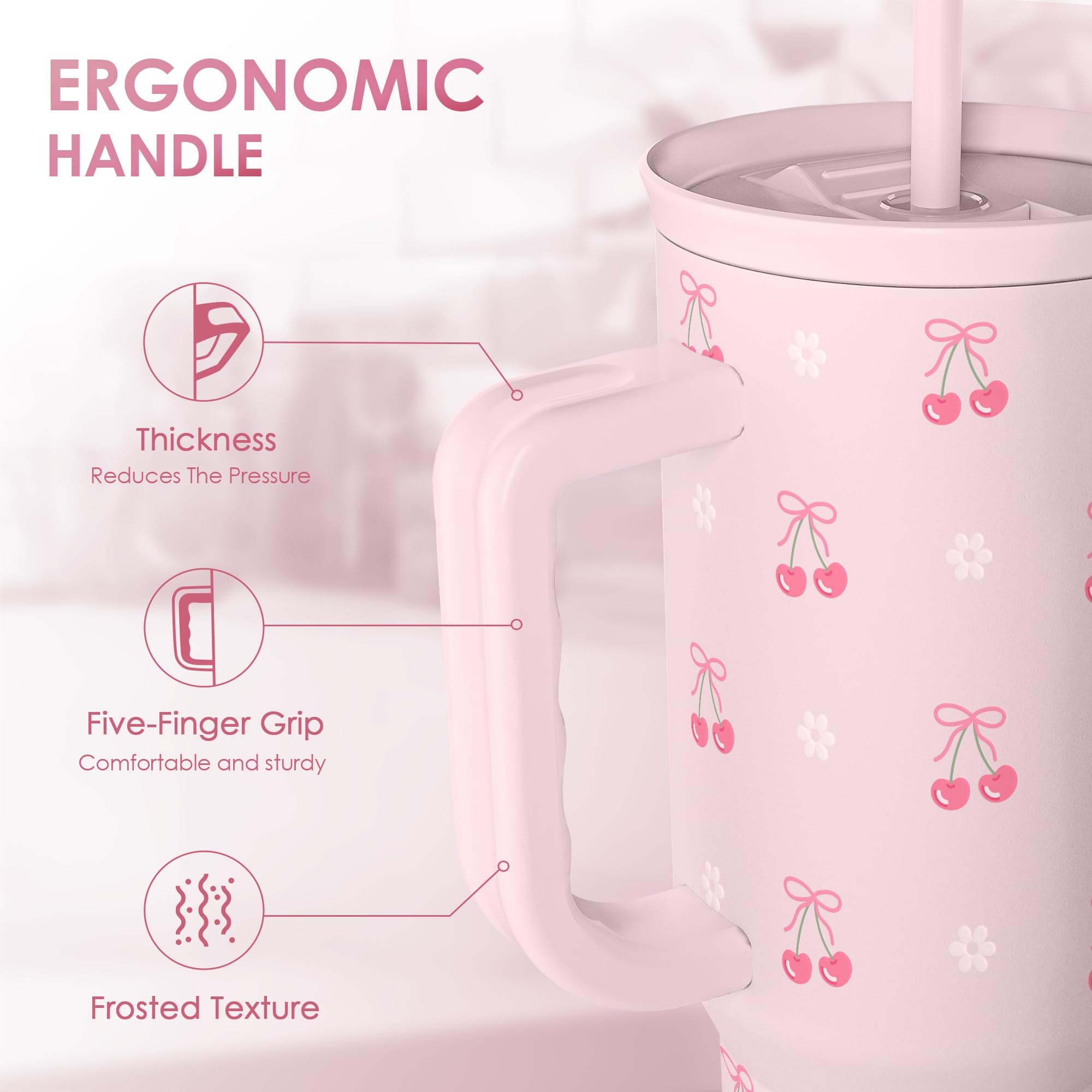 Cherry 40oz Slider Tumbler with Handle and Straw - Insulated Stainless Steel Travel Coffee Mug for Women Girls, Gift for Birthda