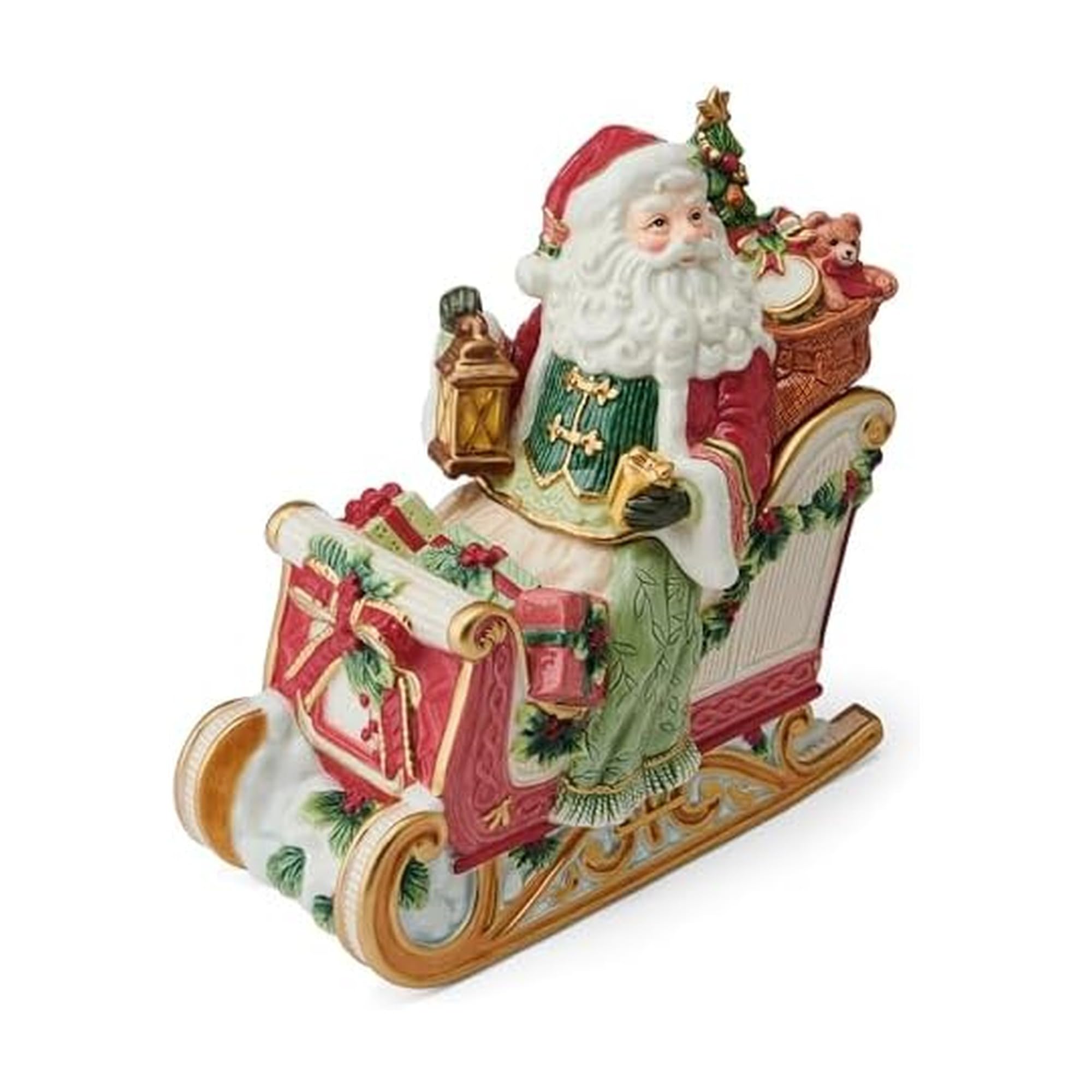 Fitz and Floyd Santa Crimson Holiday Ceramic Cookie Jar, Christmas Treat Kitchen Countertop Storage Jar with Removable Lid, 10 I