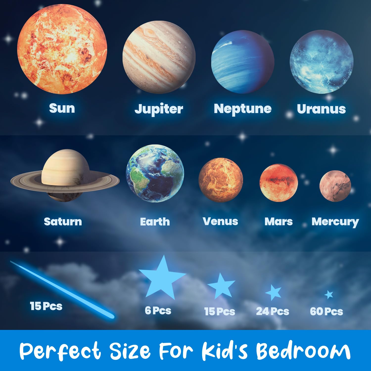 liderstar Glow in The Dark Stars & Planets Wall Stickers, Vinyl Ceiling Decals for Kids Bedroom, Blue, Space Decoration