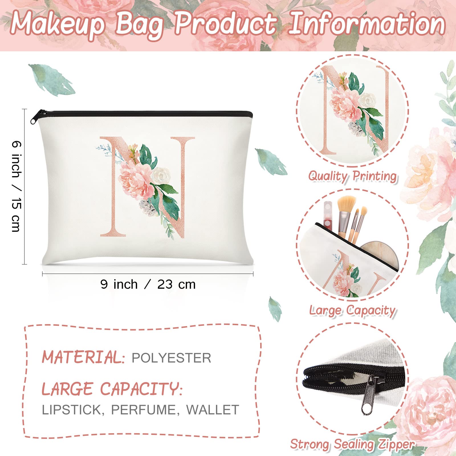 Sanwuta 2 Pcs Initial Canvas Tote Bags Floral Letter Travel Cosmetic Bags Personalized Beach Bags Monogrammed Bags Portable Make