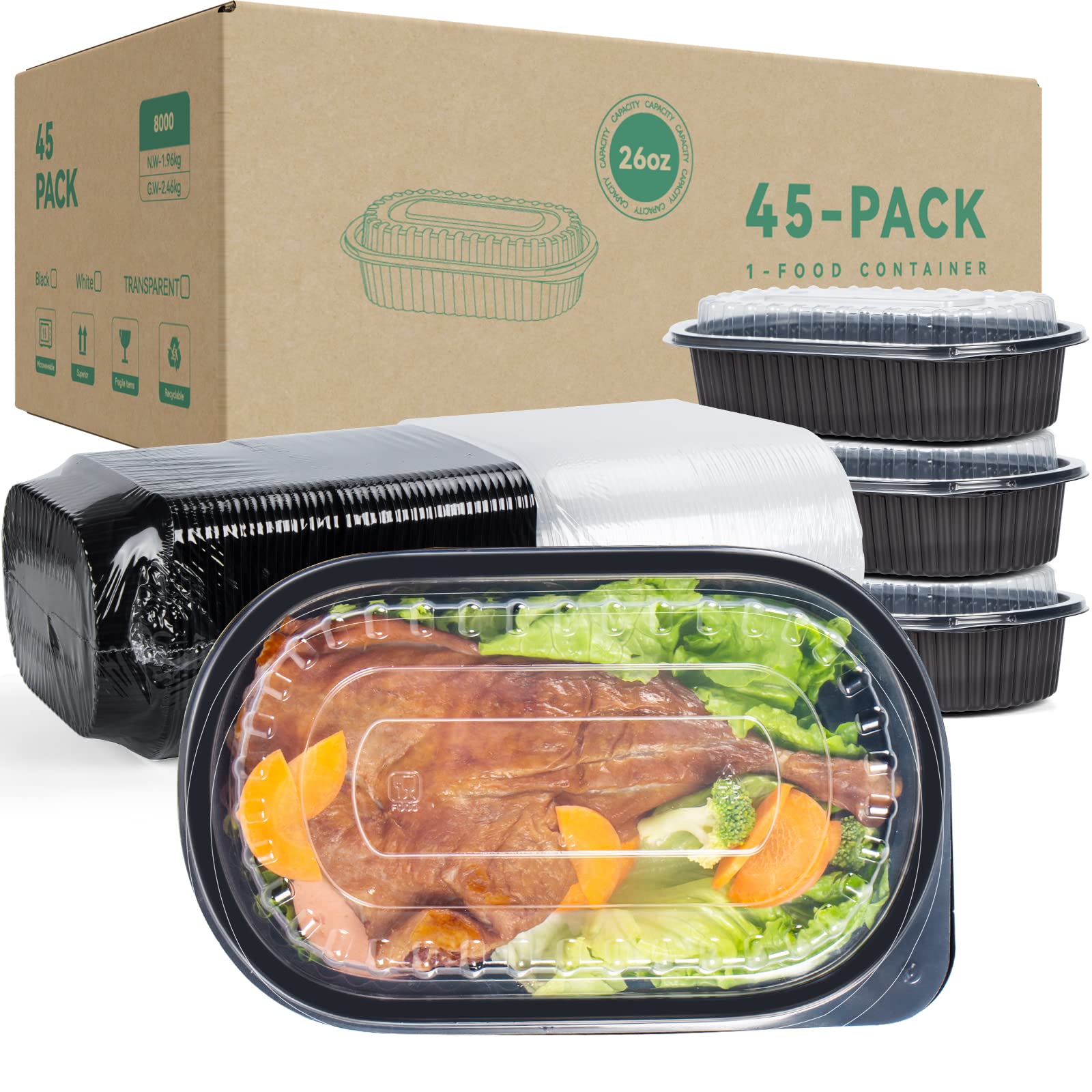 YANGRUI Take Out Containers, Shrink Wrap 45 Pack 26 oz Reusable Machine Washable Extra Thick BPA Free Meal Prep Container Microw