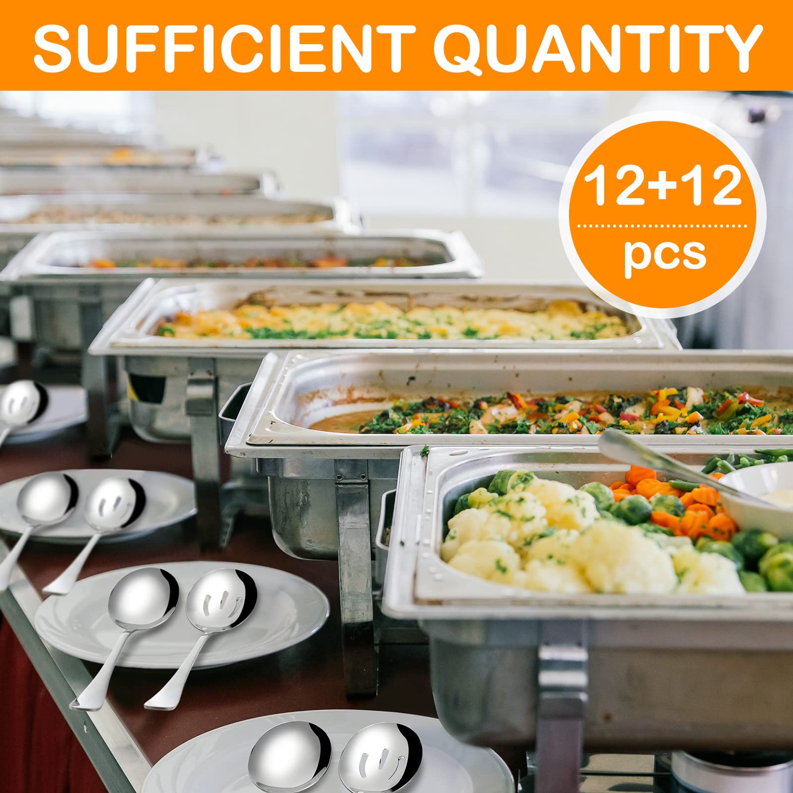 Wilzing 24 Pieces 8.5 Inch Serving Spoons Set Including 12 Serving Spoon And 12 Slotted Spoons Stainless Steel Buffet Serving Ut