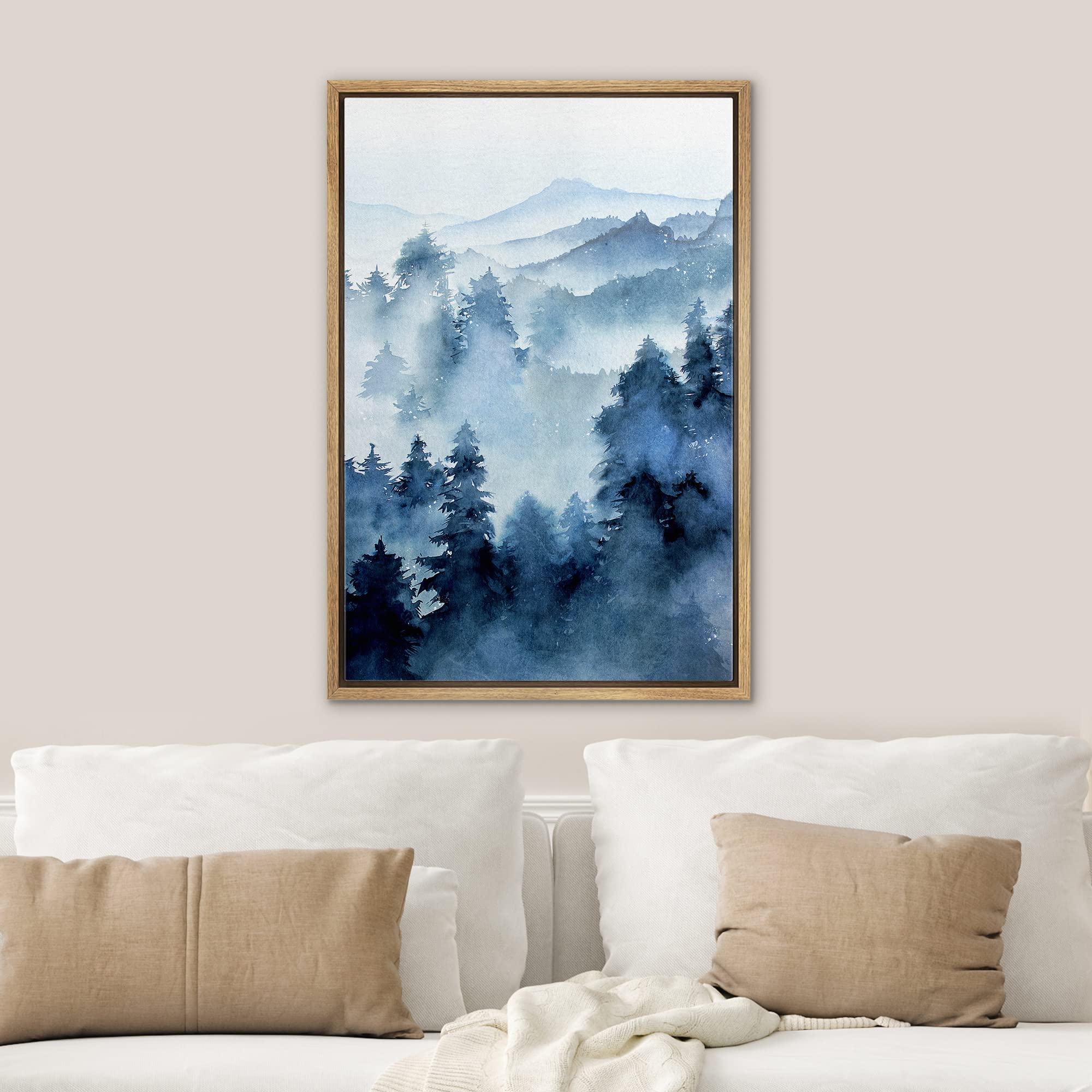 Signwin Framed Canvas Print Wall Art Woodland Nursery Decor Blue Winter Mist Pastel Mountain Forest Nature Modern Art Decorative
