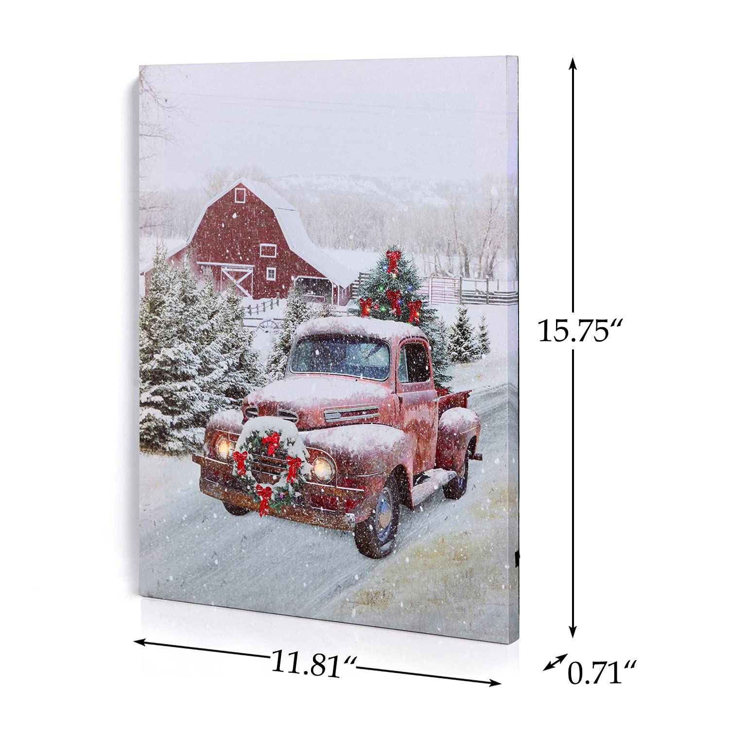 NIKKY HOME 16'' x 12'' Christmas LED Lighted Canvas Wall Art Prints Light Up Red Truck Barn House and Christmas Tree Picture Winter Snow Scene for Holiday Decor