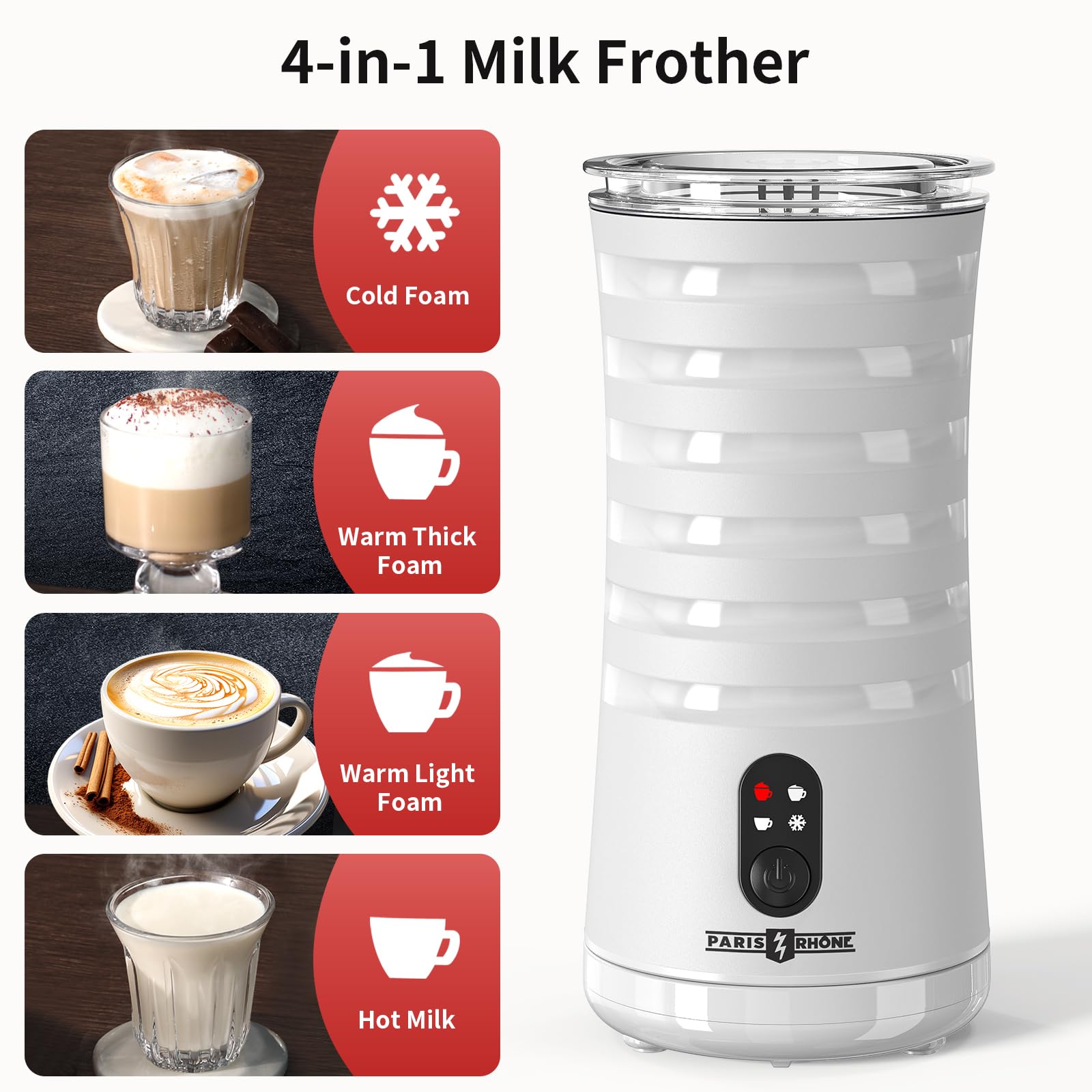 Paris Rhne Milk Frother, 4-In-1 Milk Steamer And Frother, Hot & Cold Foam Milk Warmer With Temperature Control, Auto Shut-Off Fr