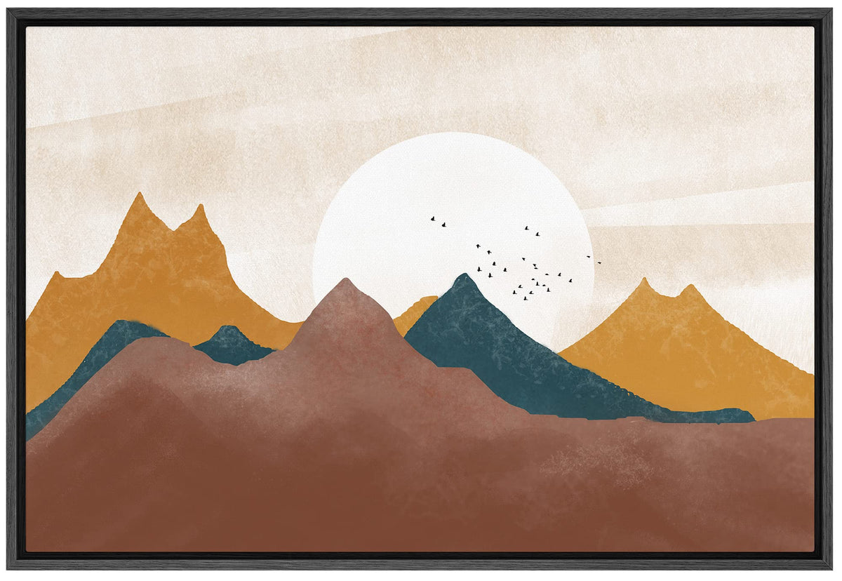 Signford Framed Canvas Print Wall Art Set Pastel Mountain Range Valley Sun Nature Wilderness Illustrations Modern Art Farmhouse/