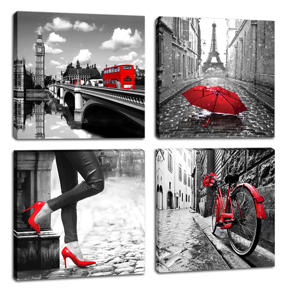 Ymyxmc33 Black And White Wall Art Canvas Print Paris Eiffel Tower 4 Panels Red Pictures Decor Living Room Bedroom Bathroom