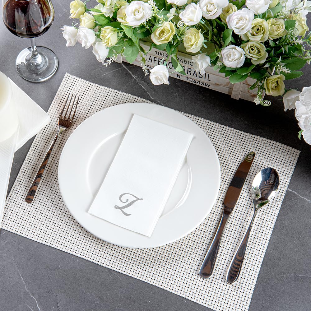 Luxenap 15.8 X 7.9 Inch Linen-Feel Guest Towels, 50 Disposable Striped Hand Towels - Silver Letter 'Z', Cursive Font, White Pape