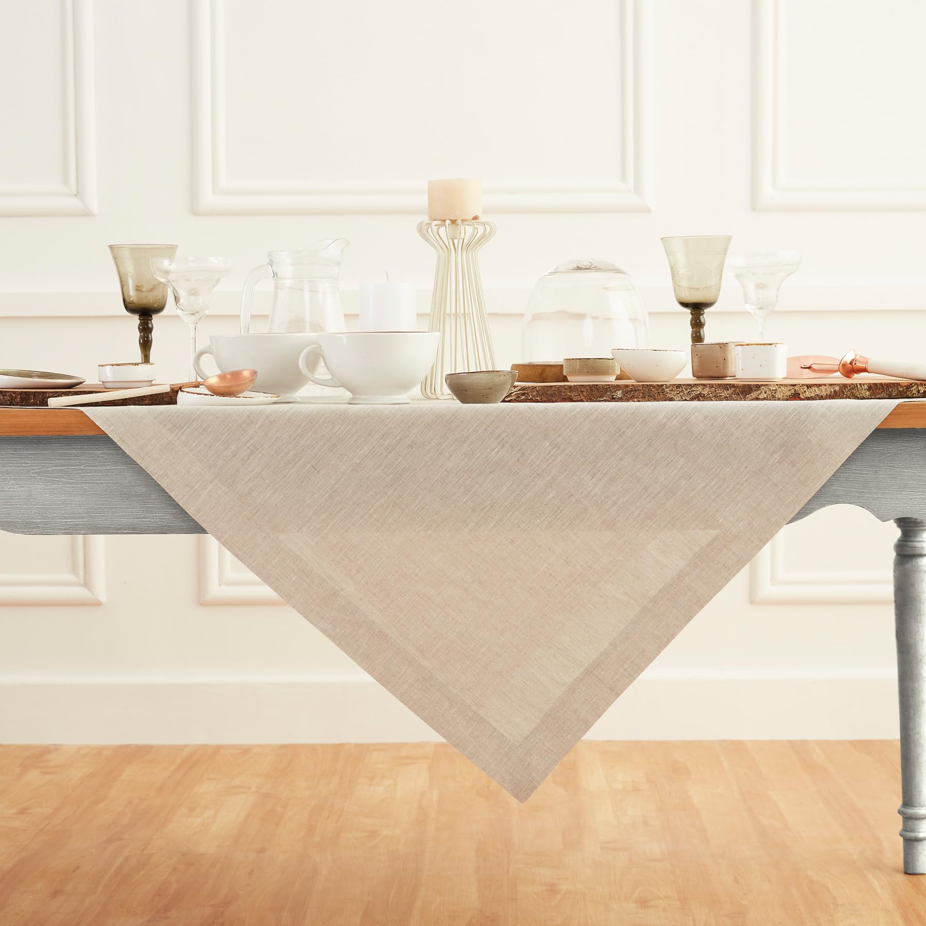 Solino Home Linen Tablecloth 52 X 52 Inch - Light Natural 100% Pure Linen Table Throw For Spring, Easter - Handcrafted And Machi