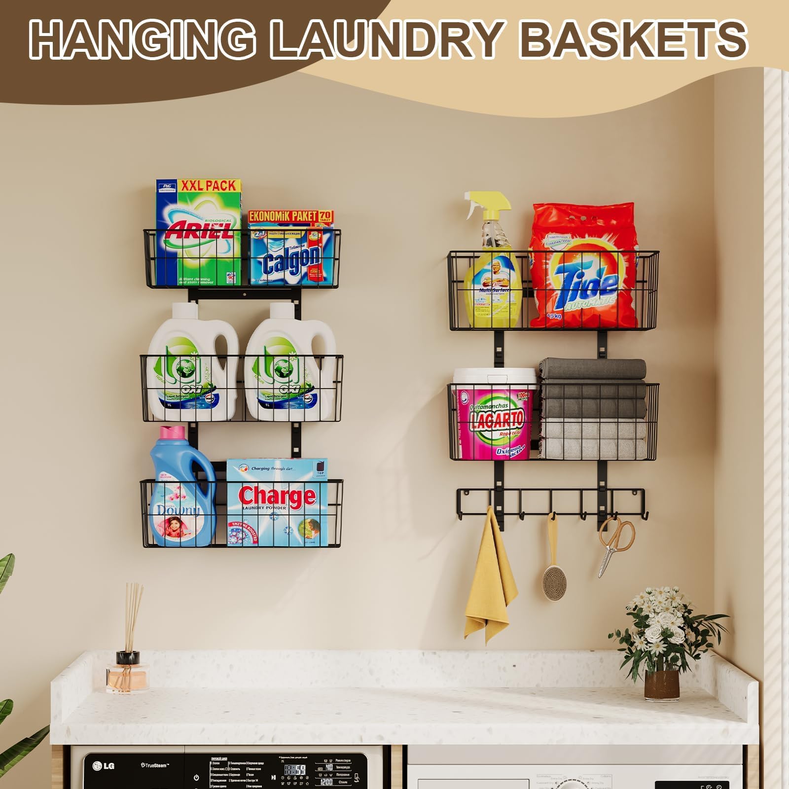 Hongtamoya Adjustable Over The Door Laundry Room Organizer, Hanging Metal Laundry Room Shelves With 5 Wire Basket 7 Hooks, Wall