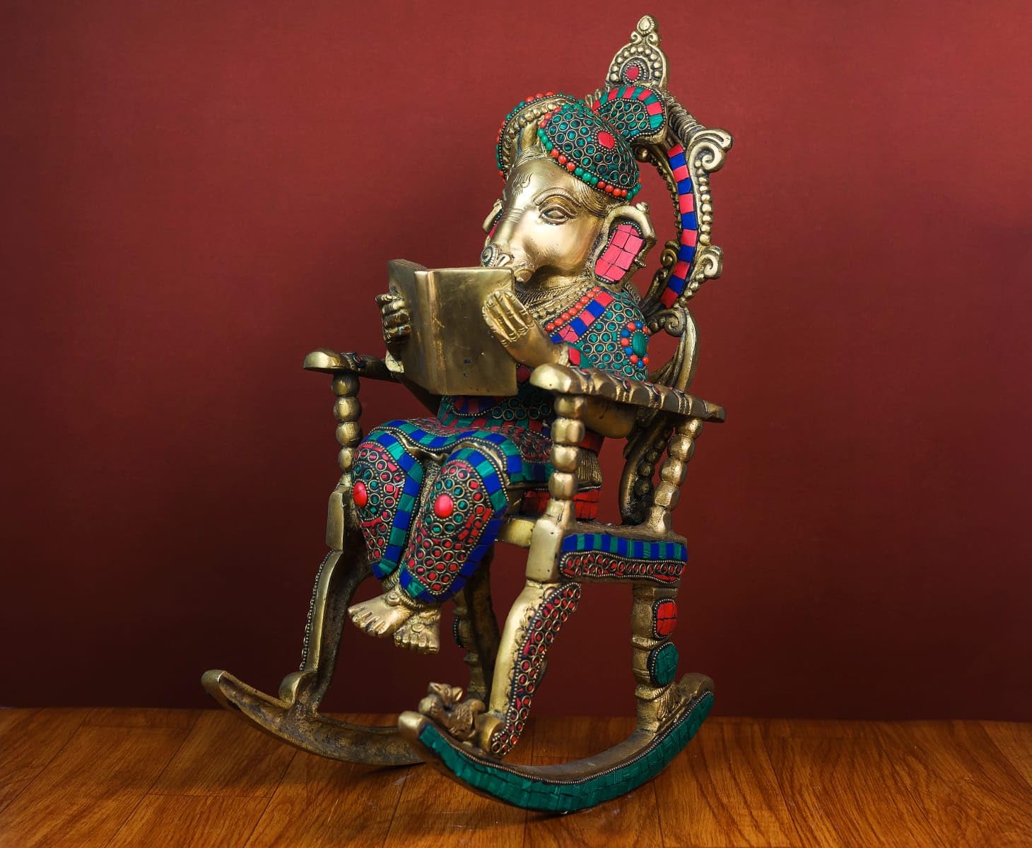 Shivaji Arts Brass Ganesha Statue On Rocking Chair, 16.5 Inch Big Large Ganesh Idol On Reading Book In Brass, Resting Ganesh Ido