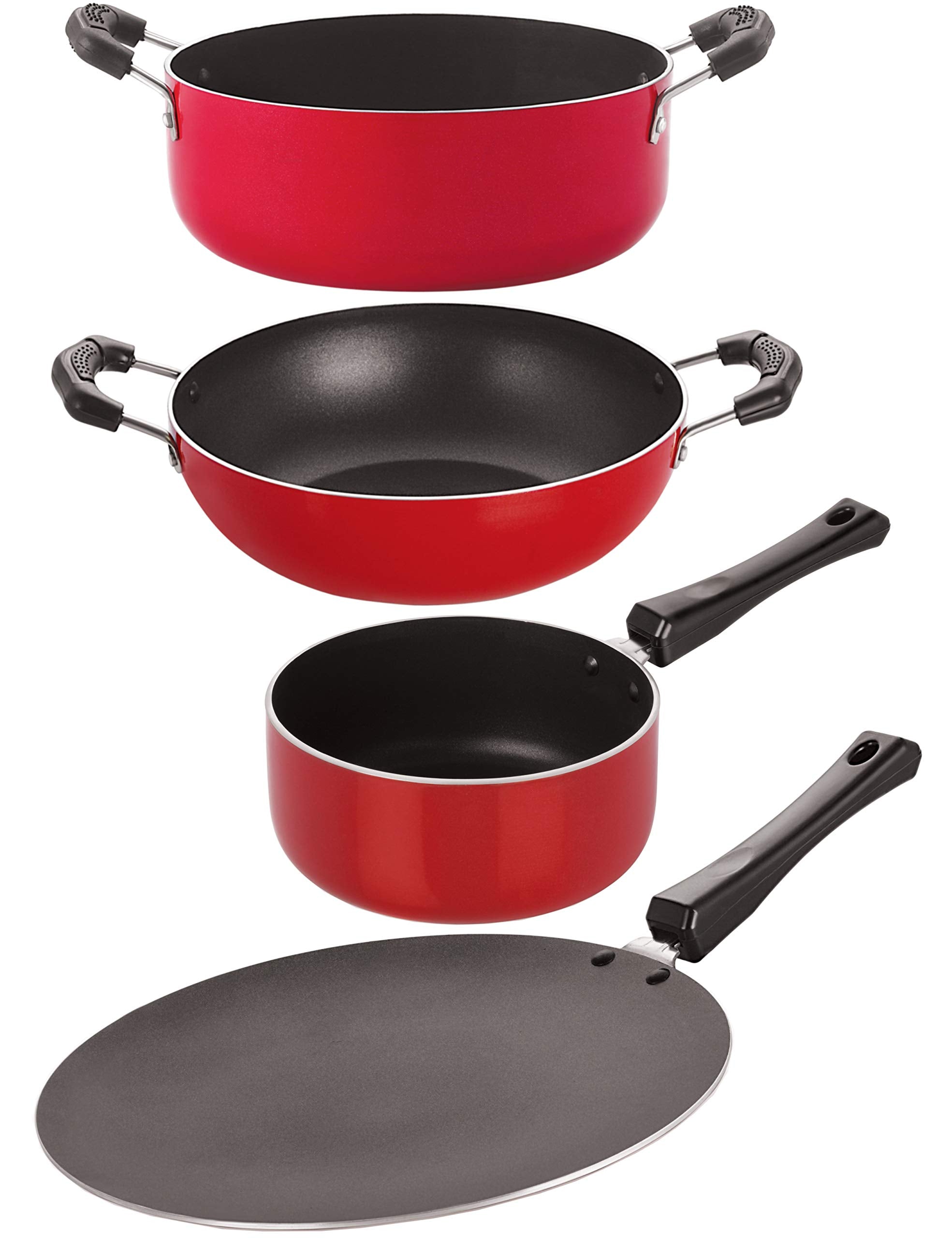 Nirlon Aluminium Nonstick Cookware Pots And Pans 4 Pieces Set, (1 Concave Tawa 27.5Cm /1 Kadhai 2.5 Ltr/1 Sauce Pan (M)1.2 Ltr/1
