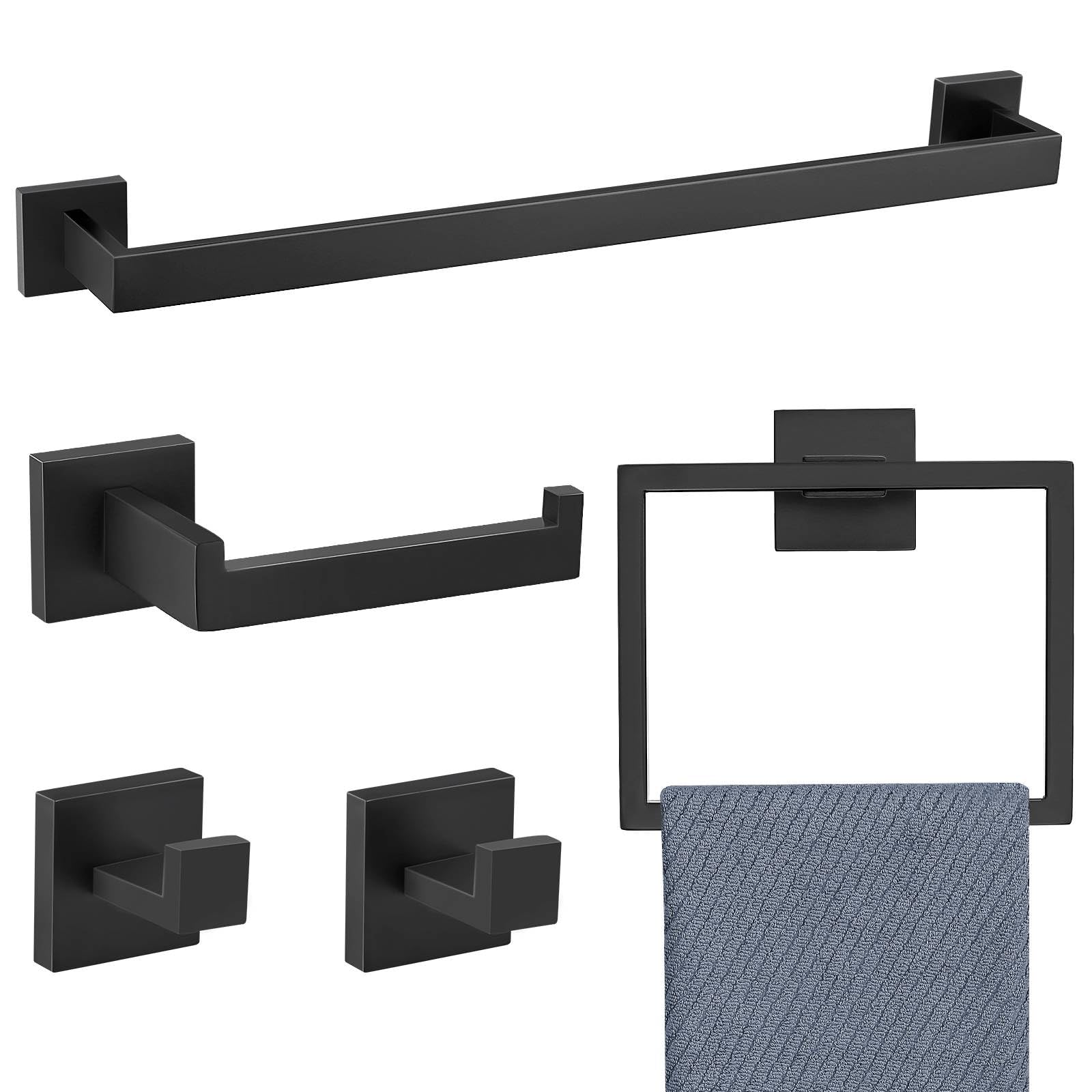 TNOMS 5 Pieces Bathroom Hardware Accessories Set Black Towel Bar Set Wall Mounted Stainless Steel 23.6-Inch.