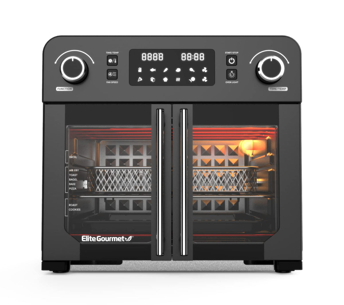 Elite Gourmet Eaf9010B All Steel Exterior, 245Qt French Door Air Fryer Convection Countertop Oven, 12 Pizza Extra Large Capacity