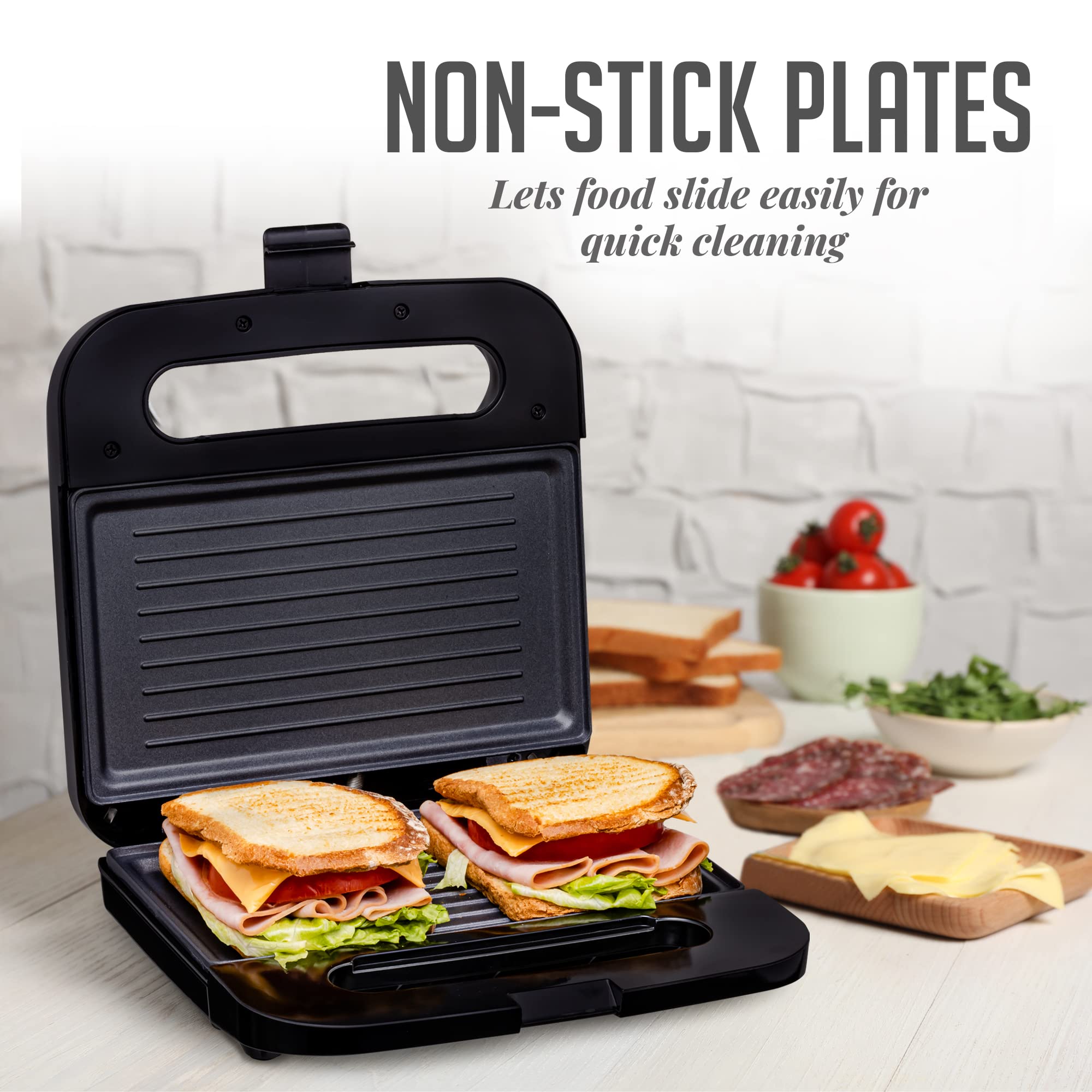 Ovente Electric Panini Press Grill With Nonstick Plates, Led Indicator Lights, Thermostat Control, Cool Touch Handle, Compact Sa