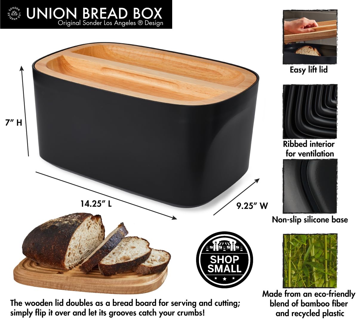 Sonder Los Angeles, Modern Bamboo Fiber (Black) Bread Box For Kitchen Countertop With Reversible Wood Serving Lid, Homemade Brea