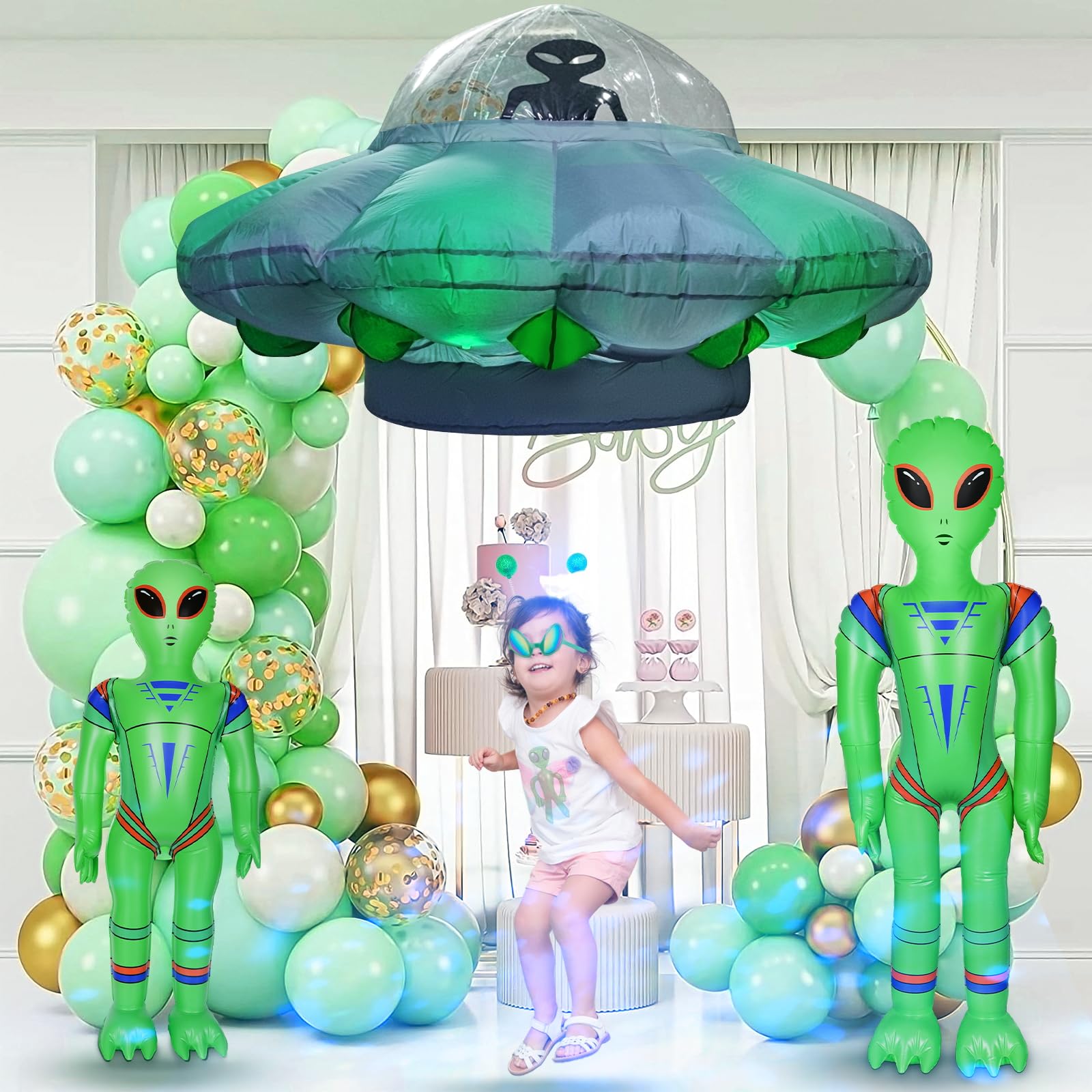 Alien Party Decorations 4.2FT Hanging Alien UFO Cow Abduction Inflatable with Cow&2pcs Jumbo Alien Halloween Inflatable UFO Buil