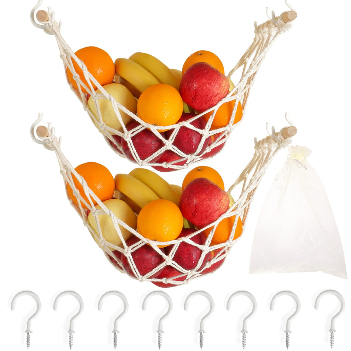 Evbopa Hanging Fruit Hammock For Kitchen Under Cabinet Macrame Fruit Basket For Bananas Fruit Storage With Hooks For Kitchen D