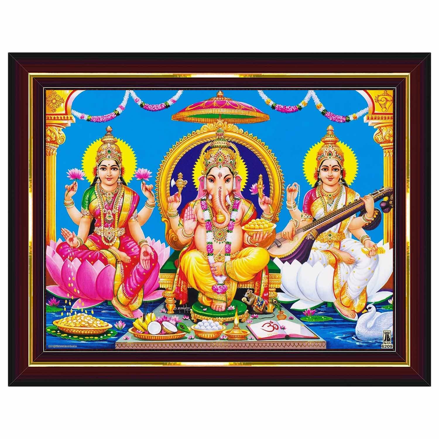 Pavan Photo Laminations Lakshmi Devi Ganesha Saraswati Ganesh Hanging Wall Painting Framed Home Decor (Wood,Matte,Brown,Small Si