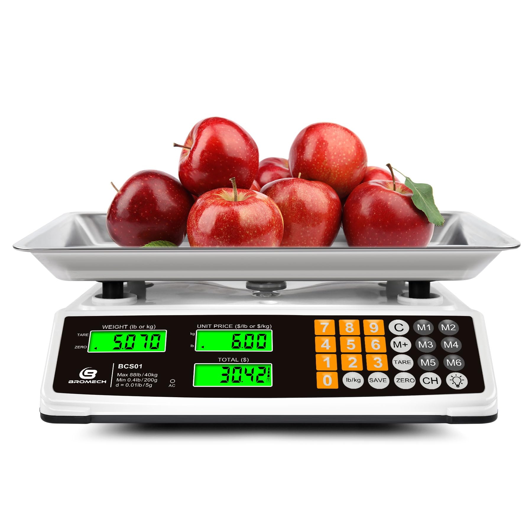 Price Computing Scale 88lb/40kg Commercial Food Scale for Produce Meat with Stainless Steel Large Platform, LCD Display, and Gre