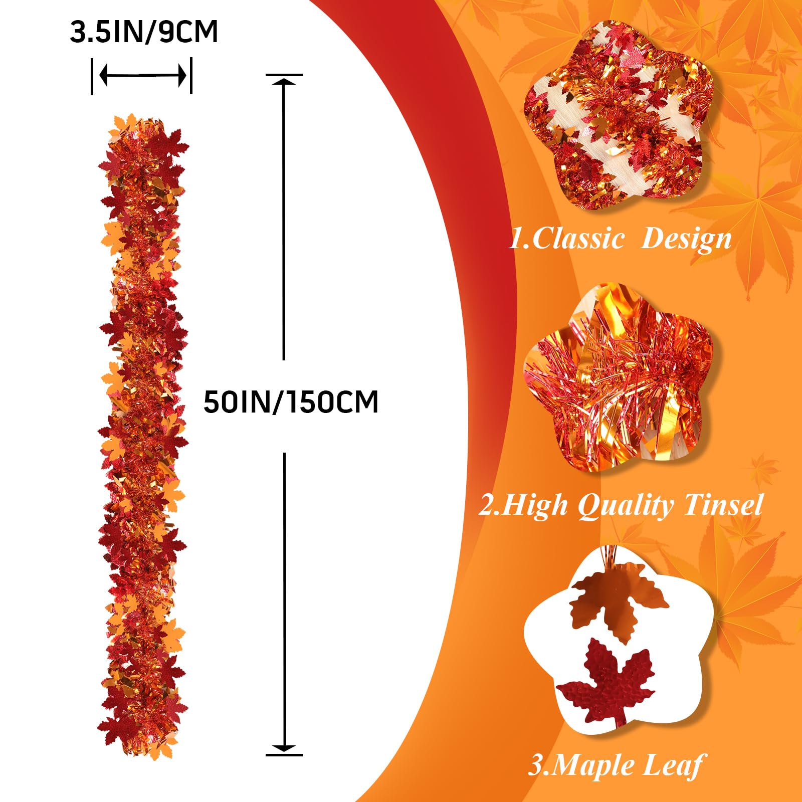 Fall Maple Leaves Garland Decorations,50Ft Glitter Tinsel Leaf Thanksgiving Decor for Tree Autumn Mantle Bedroom Office Classroo