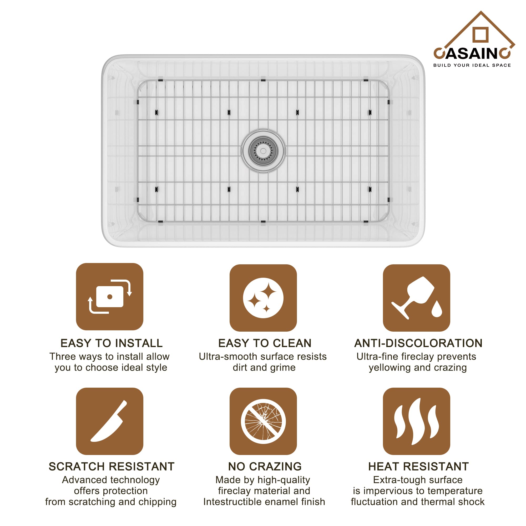 Casainc 30-Inch Kitchen Sink, Farmhouse Sink Fireclay Apron -Front Farmhouse Deep Single Bowl, Farmhouse Sink With Stainless Ste