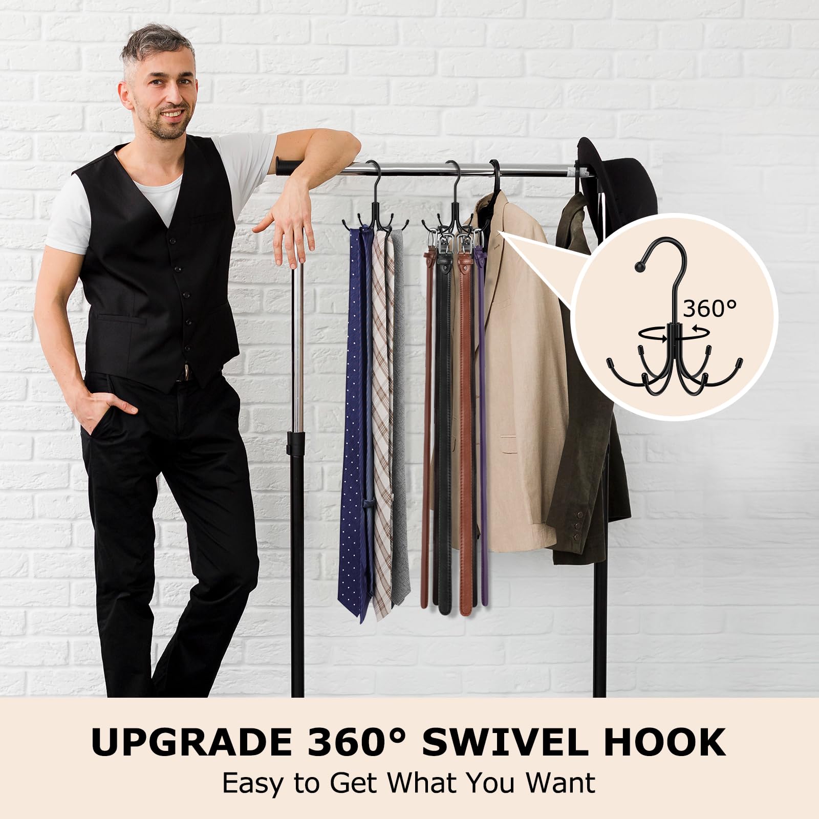 Belt Hanger, Homebros Black 360 Rotatable Metal Belt Rack Organizer For Closet Space Saving Belt Hooks Maximum 24 Storage Capaci